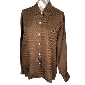 Riva Ladies Vintage Silk Brown Top Blouse Button-up Long Sleeve Career Office